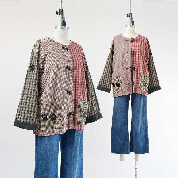 Vintage Jackets & Blazers - Vintage Cute Dog Lover Plaid Cotton Chore Jacket with Bone Buttons M L